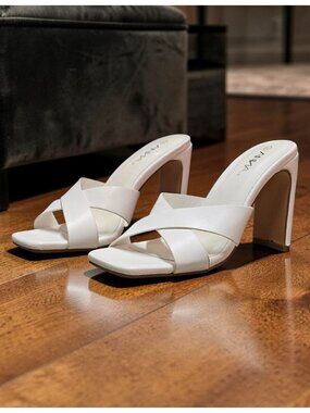 White Open-Toe Heeled Sandals With Cross-Strap Design & Square Toe By Anna